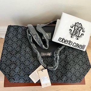 Roberto Cavalli Borsa Black Large Nylon Monogram Print Logo Folding Shopper Bag